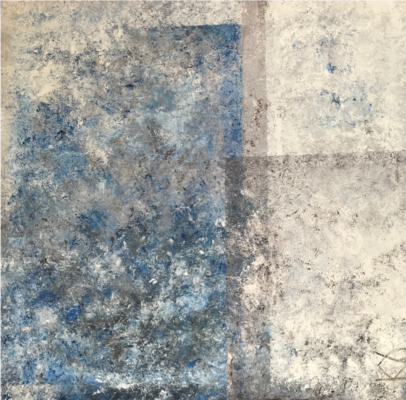 A blue and white abstract painting with some gray squares