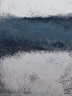 A painting of a blue and white landscape